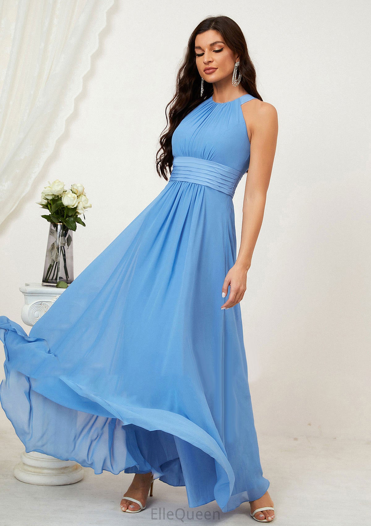 A-line Halter Sleeveless Chiffon Long/Floor-Length Bridesmaid Dresses With Pleated Andrea DGP0025610