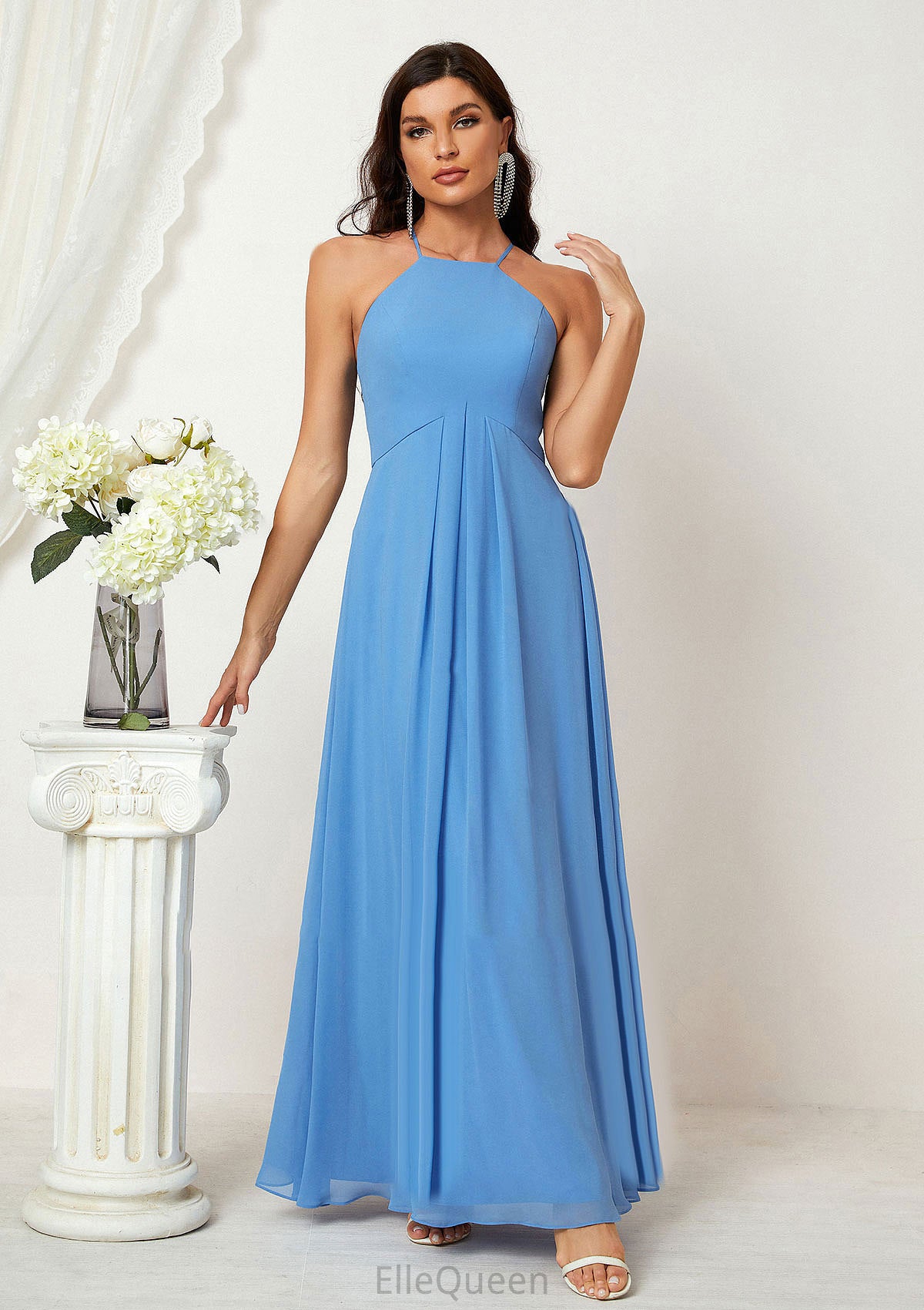 A-line Empire Halter Sleeveless Chiffon Long/Floor-Length Bridesmaid Dresses With Ruffles Joyce DGP0025611