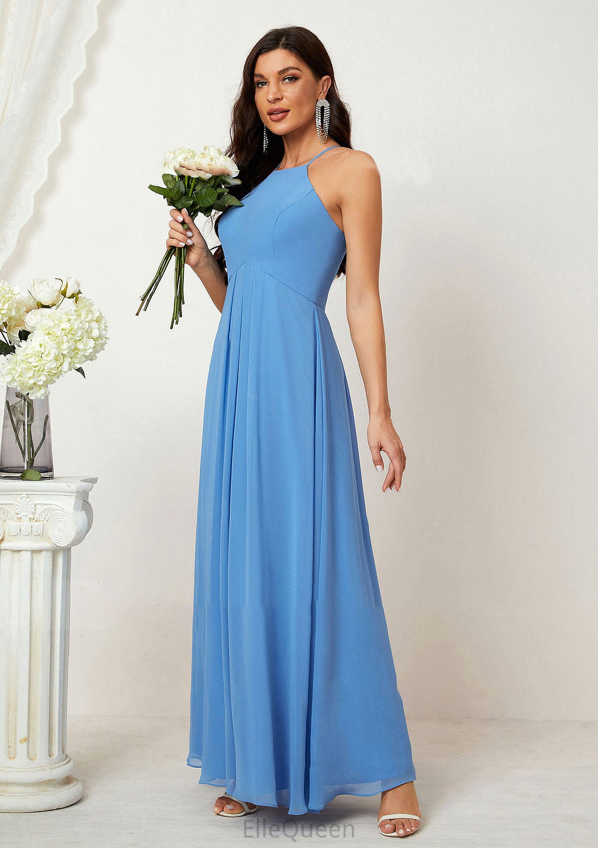 A-line Empire Halter Sleeveless Chiffon Long/Floor-Length Bridesmaid Dresses With Ruffles Joyce DGP0025611