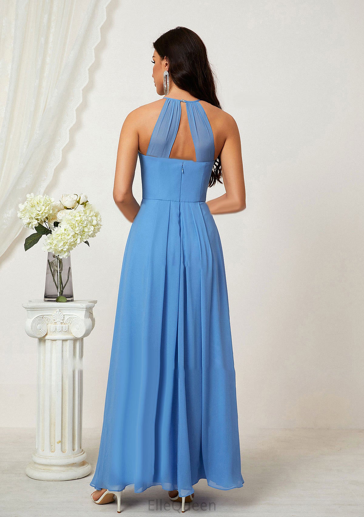 A-line Empire Halter Sleeveless Chiffon Long/Floor-Length Bridesmaid Dresses With Ruffles Joyce DGP0025611