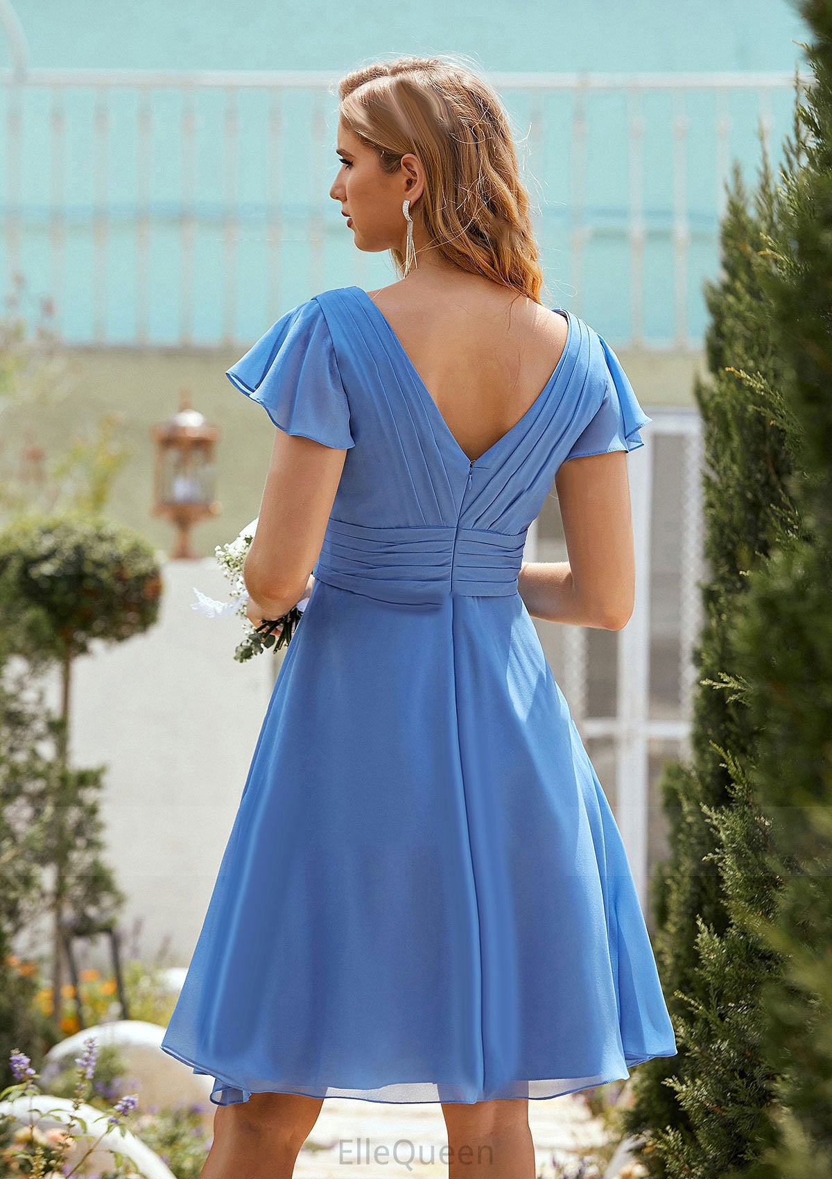 A-line V Neck Short Sleeve Chiffon Short/Mini Bridesmaid Dresses With Pleated Lauren DGP0025614