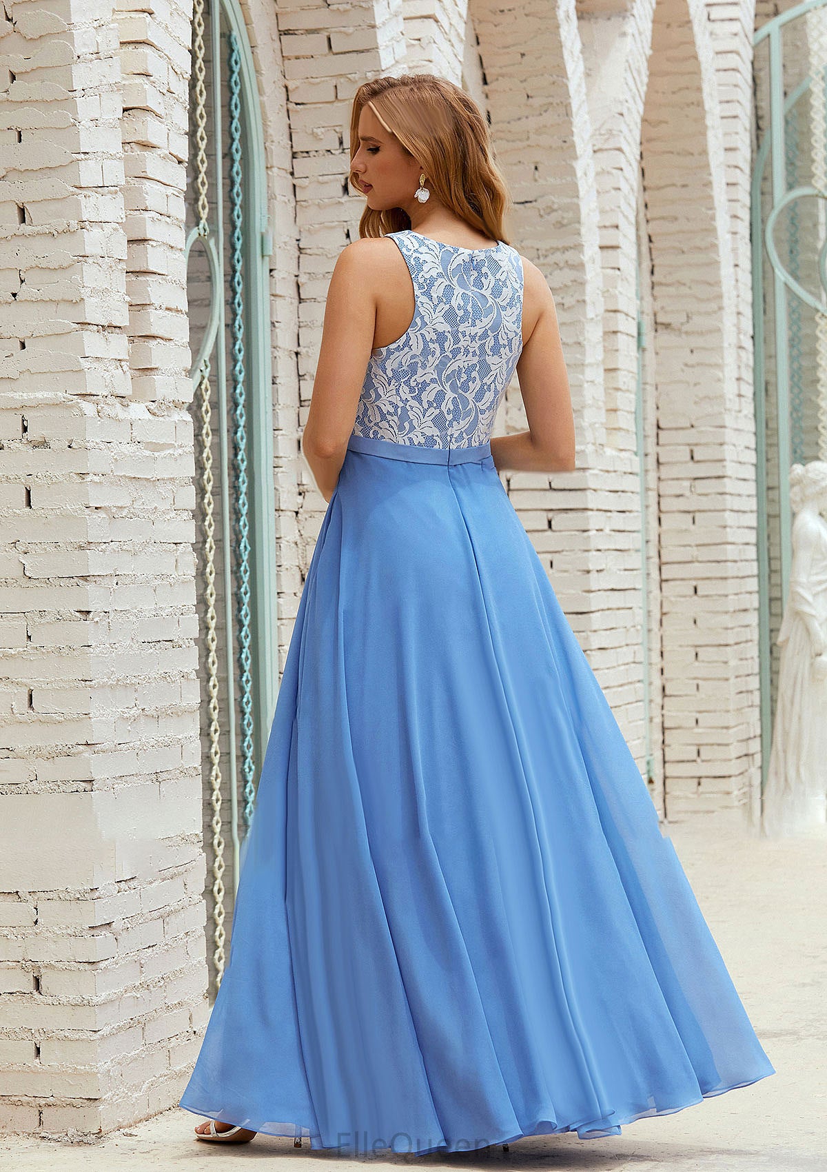 A-line Scoop Neck Sleeveless Chiffon Long/Floor-Length Bridesmaid Dresses With Pockets Lace Kiera DGP0025616