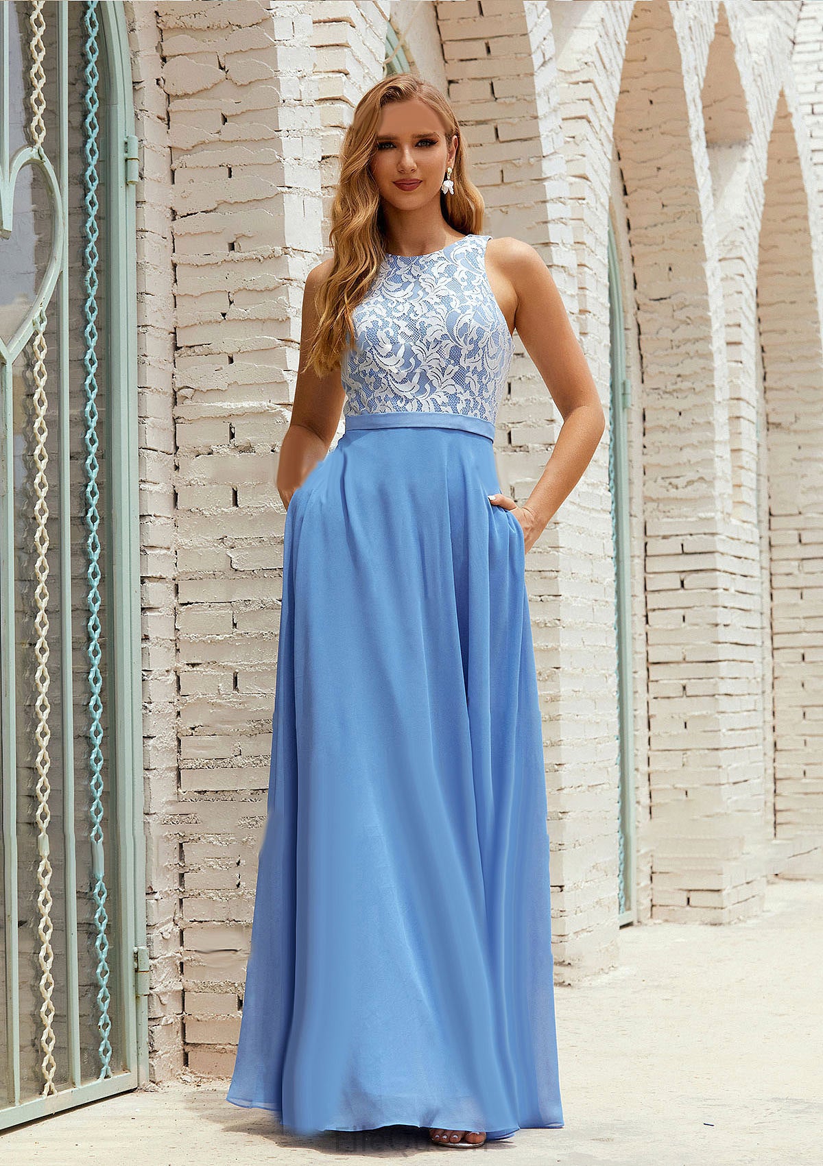 A-line Scoop Neck Sleeveless Chiffon Long/Floor-Length Bridesmaid Dresses With Pockets Lace Kiera DGP0025616