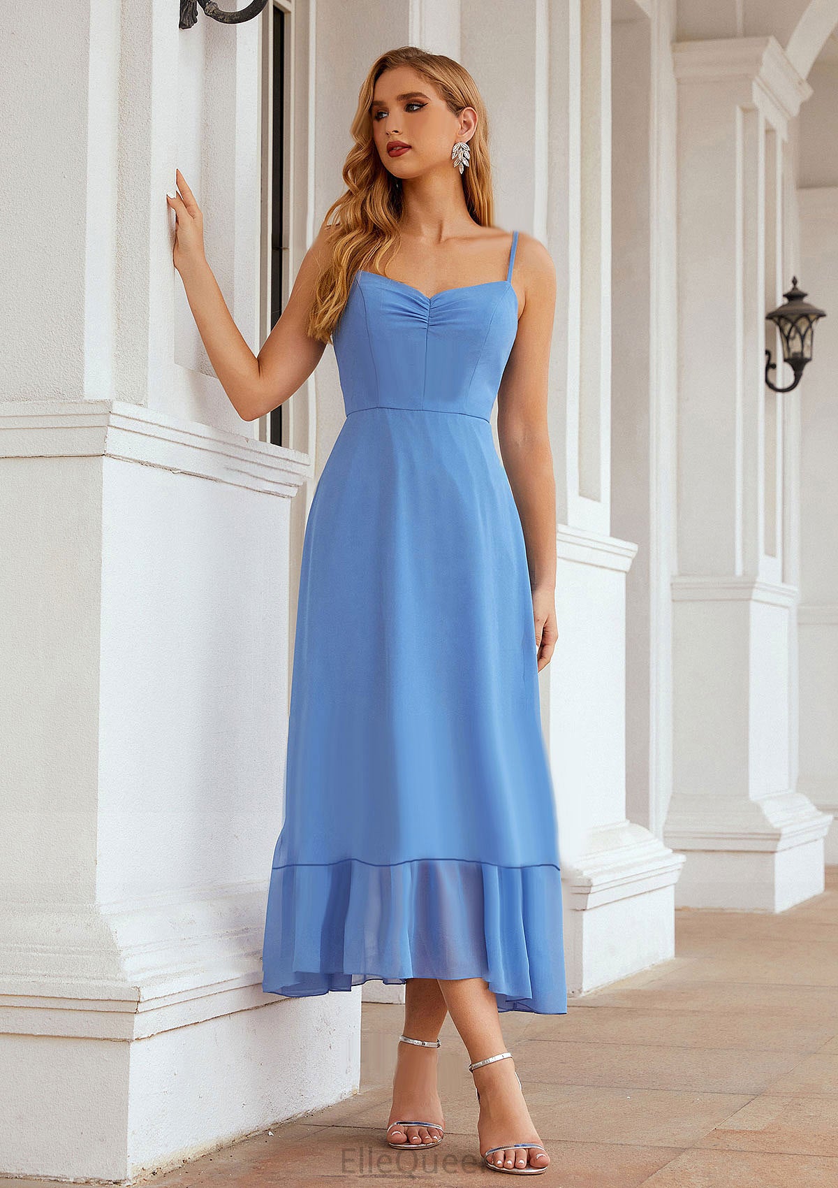 A-line Sweetheart Sleeveless Chiffon Tea-Length Bridesmaid Dresses With Pleated Denise DGP0025620