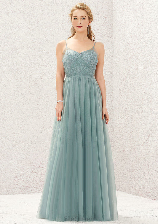 Princess A-line V Neck Sleeveless Tulle Long/Floor-Length Bridesmaid Dresses With Pleated Appliqued Gloria DGP0025633