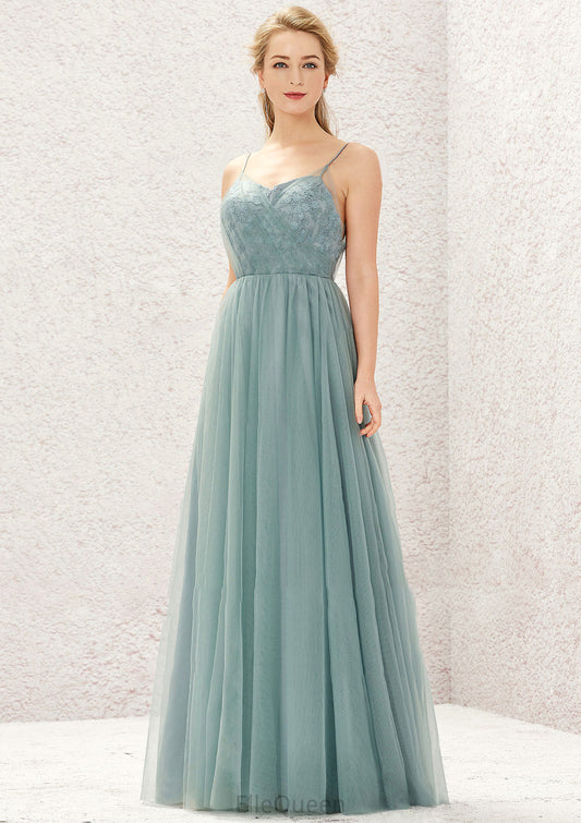 Princess A-line V Neck Sleeveless Tulle Long/Floor-Length Bridesmaid Dresses With Pleated Appliqued Gloria DGP0025633