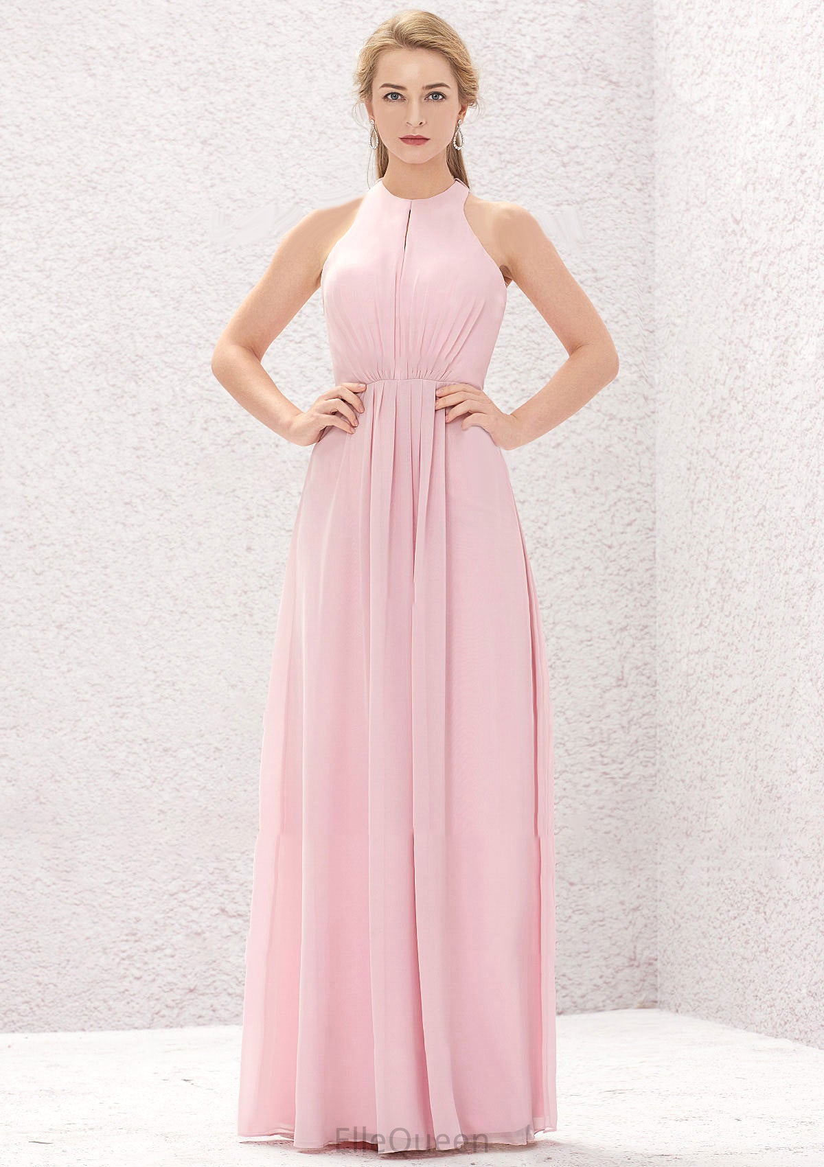 A-line Halter Sleeveless Chiffon Long/Floor-Length Bridesmaid Dresses With Pleated Alisson DGP0025634