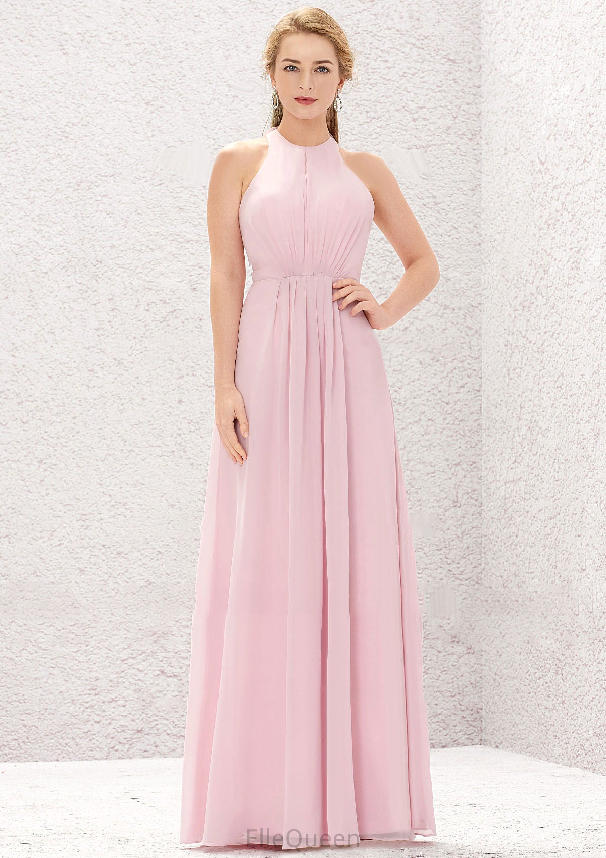 A-line Halter Sleeveless Chiffon Long/Floor-Length Bridesmaid Dresses With Pleated Alisson DGP0025634