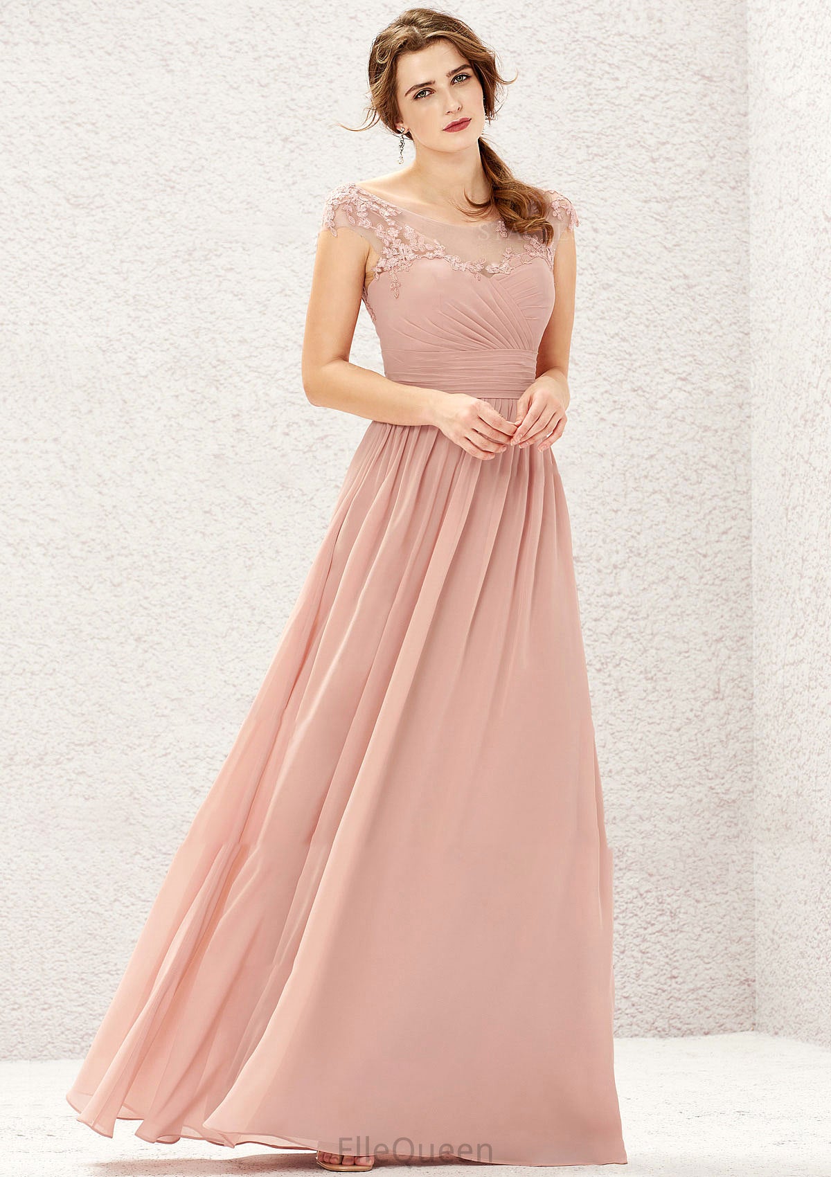 A-line Illusion Neck Sleeveless Chiffon Long/Floor-Length Bridesmaid Dresses With Appliqued Pleated Sariah DGP0025636