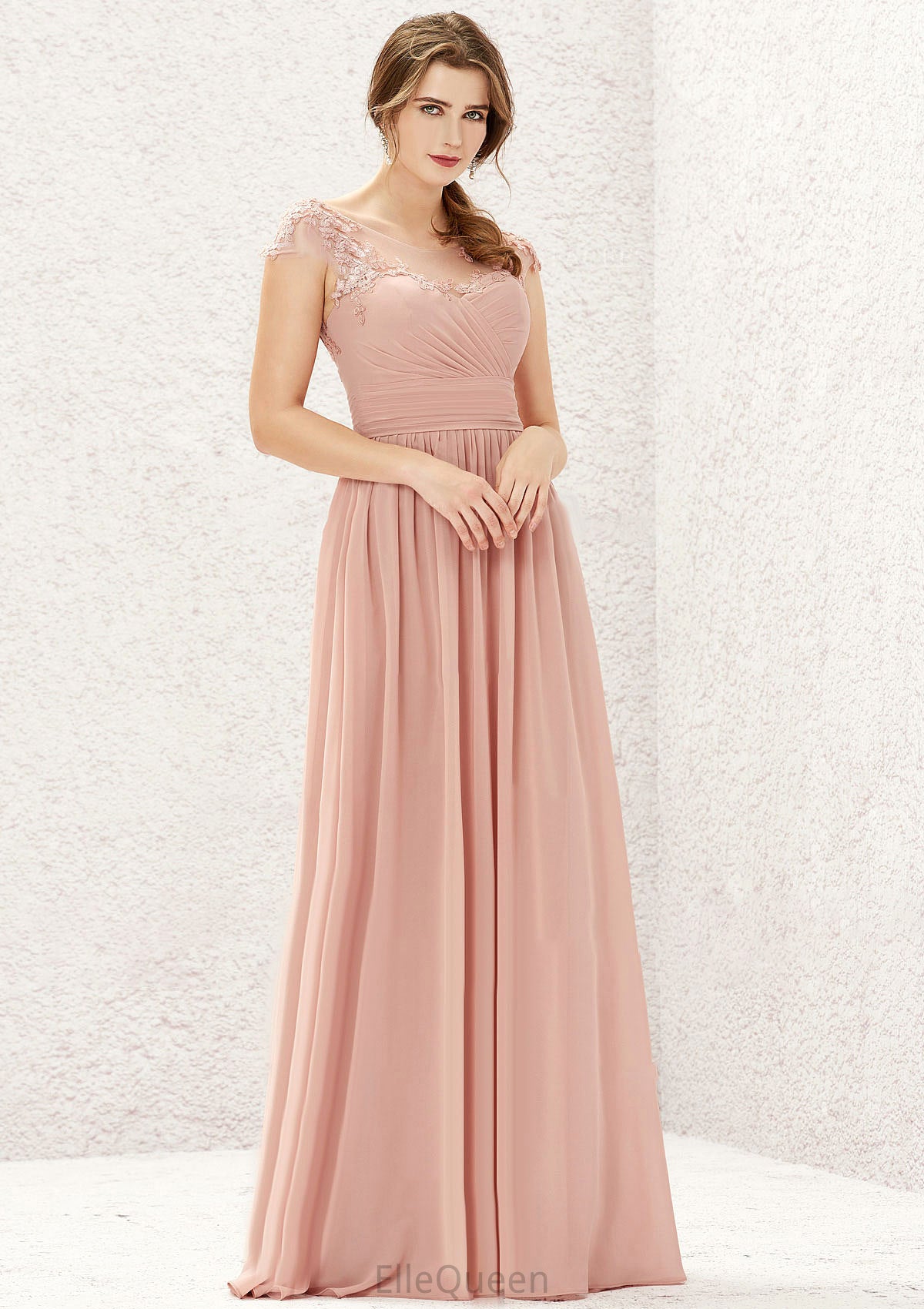 A-line Illusion Neck Sleeveless Chiffon Long/Floor-Length Bridesmaid Dresses With Appliqued Pleated Sariah DGP0025636