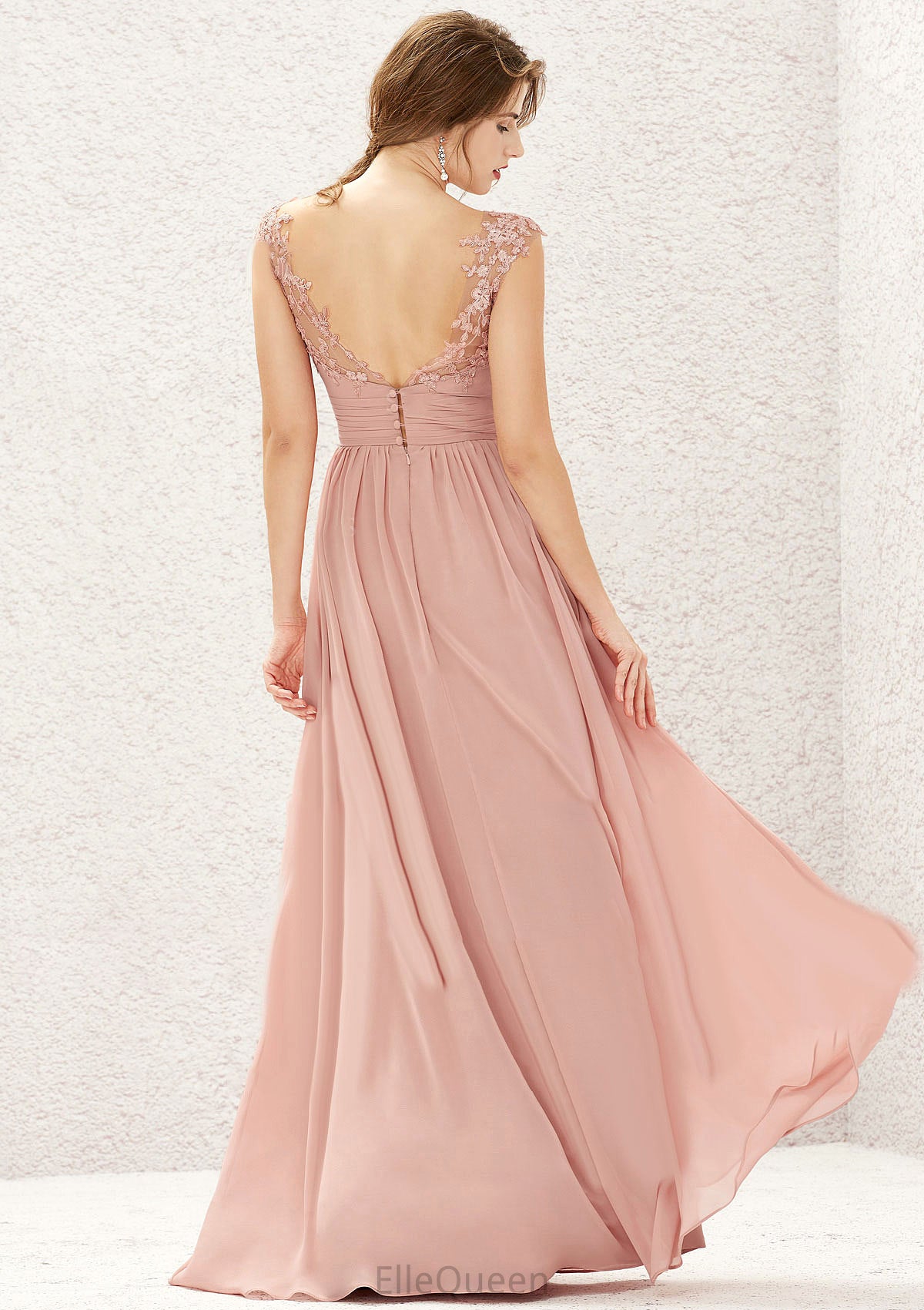 A-line Illusion Neck Sleeveless Chiffon Long/Floor-Length Bridesmaid Dresses With Appliqued Pleated Sariah DGP0025636