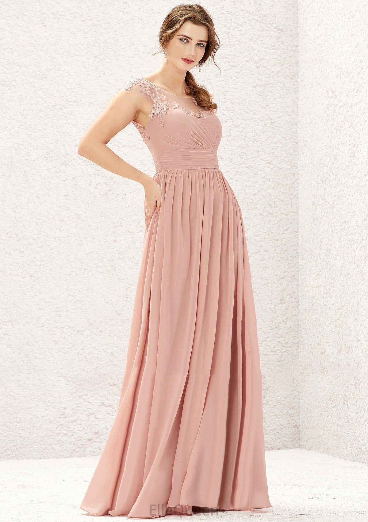 A-line Illusion Neck Sleeveless Chiffon Long/Floor-Length Bridesmaid Dresses With Appliqued Pleated Sariah DGP0025636