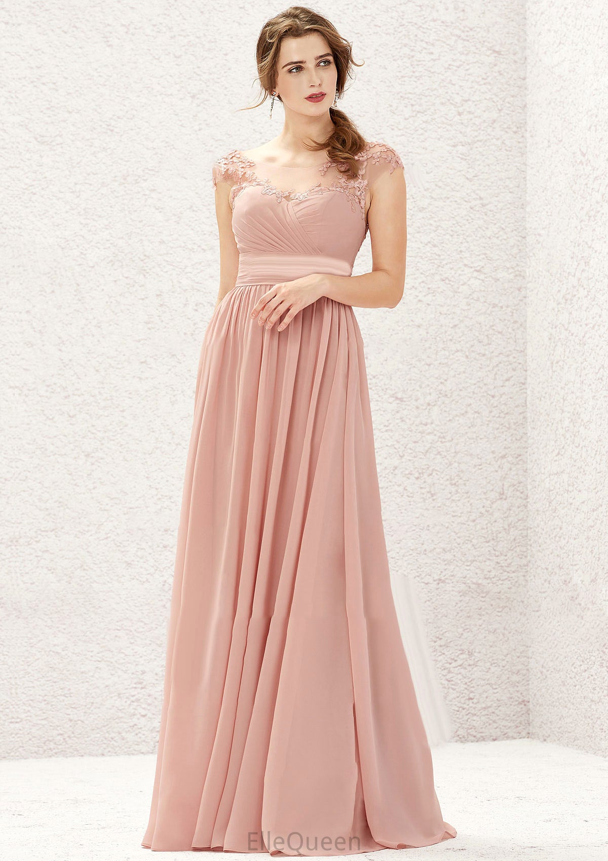 A-line Illusion Neck Sleeveless Chiffon Long/Floor-Length Bridesmaid Dresses With Appliqued Pleated Sariah DGP0025636