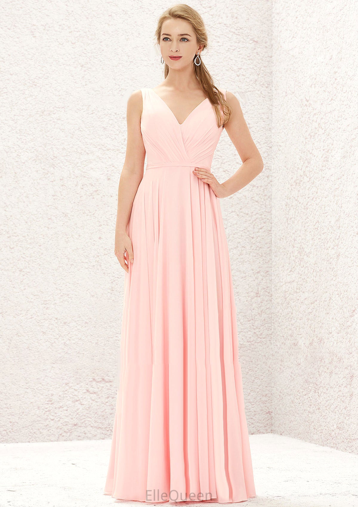 A-line V Neck Sleeveless Chiffon Long/Floor-Length Bridesmaid Dresses With Pleated Jillian DGP0025637