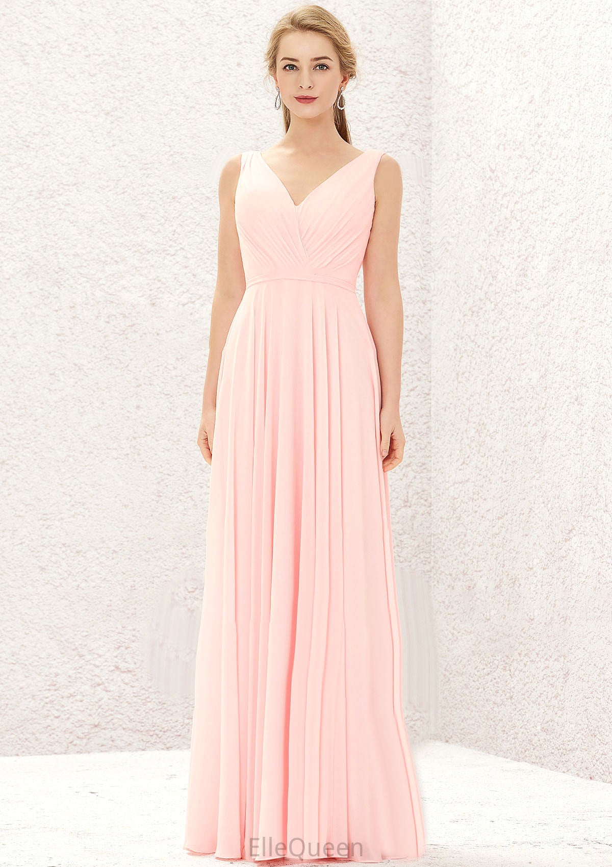 A-line V Neck Sleeveless Chiffon Long/Floor-Length Bridesmaid Dresses With Pleated Jillian DGP0025637