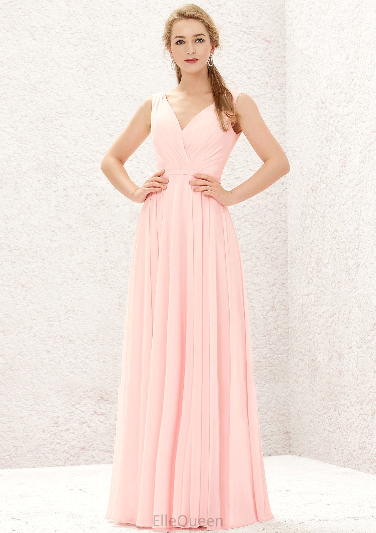 A-line V Neck Sleeveless Chiffon Long/Floor-Length Bridesmaid Dresses With Pleated Jillian DGP0025637