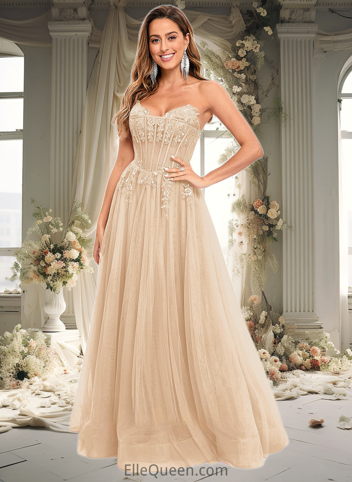 Madelynn Ball-Gown/Princess V-Neck Floor-Length Tulle Prom Dresses With Sequins Appliques Lace DGP0025837