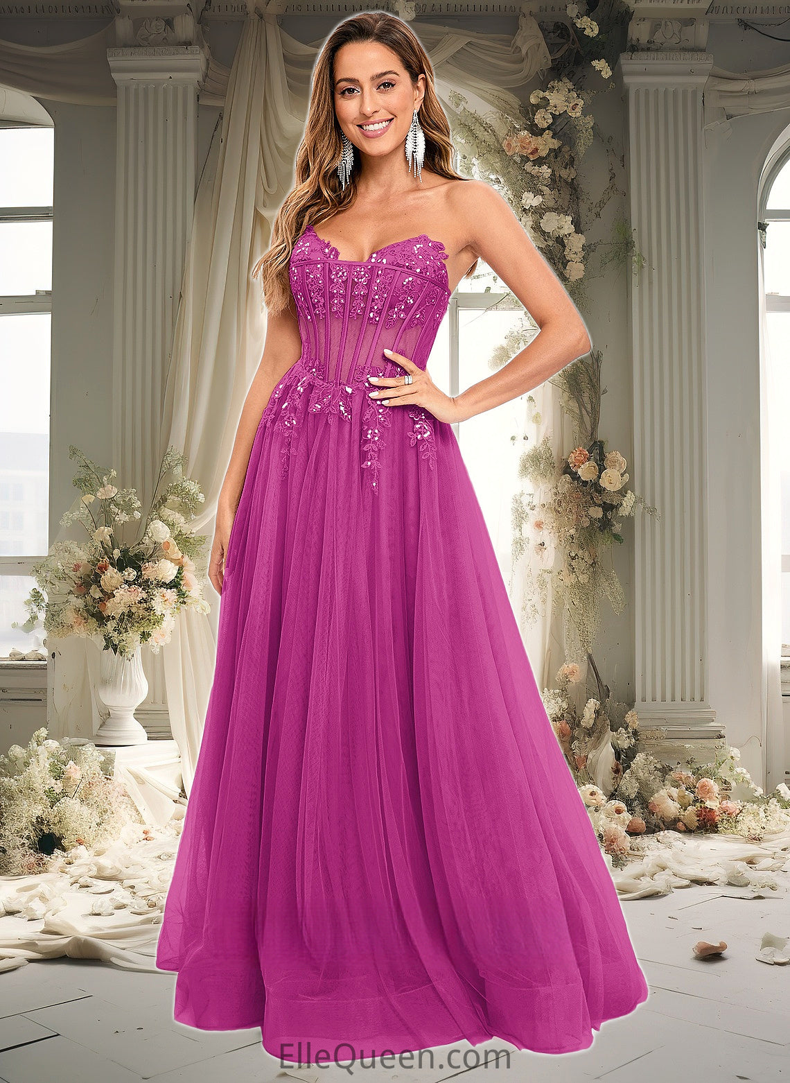 Madelynn Ball-Gown/Princess V-Neck Floor-Length Tulle Prom Dresses With Sequins Appliques Lace DGP0025837