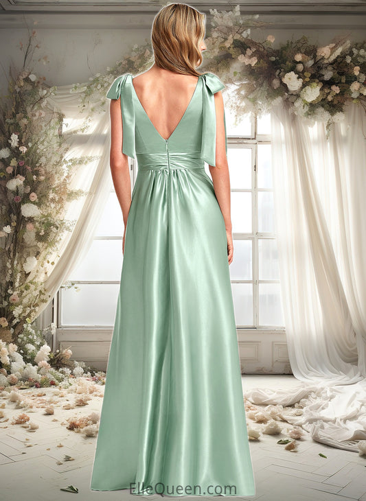 Kelsie A-line V-Neck Floor-Length Stretch Satin Bridesmaid Dress With Bow DGP0025737