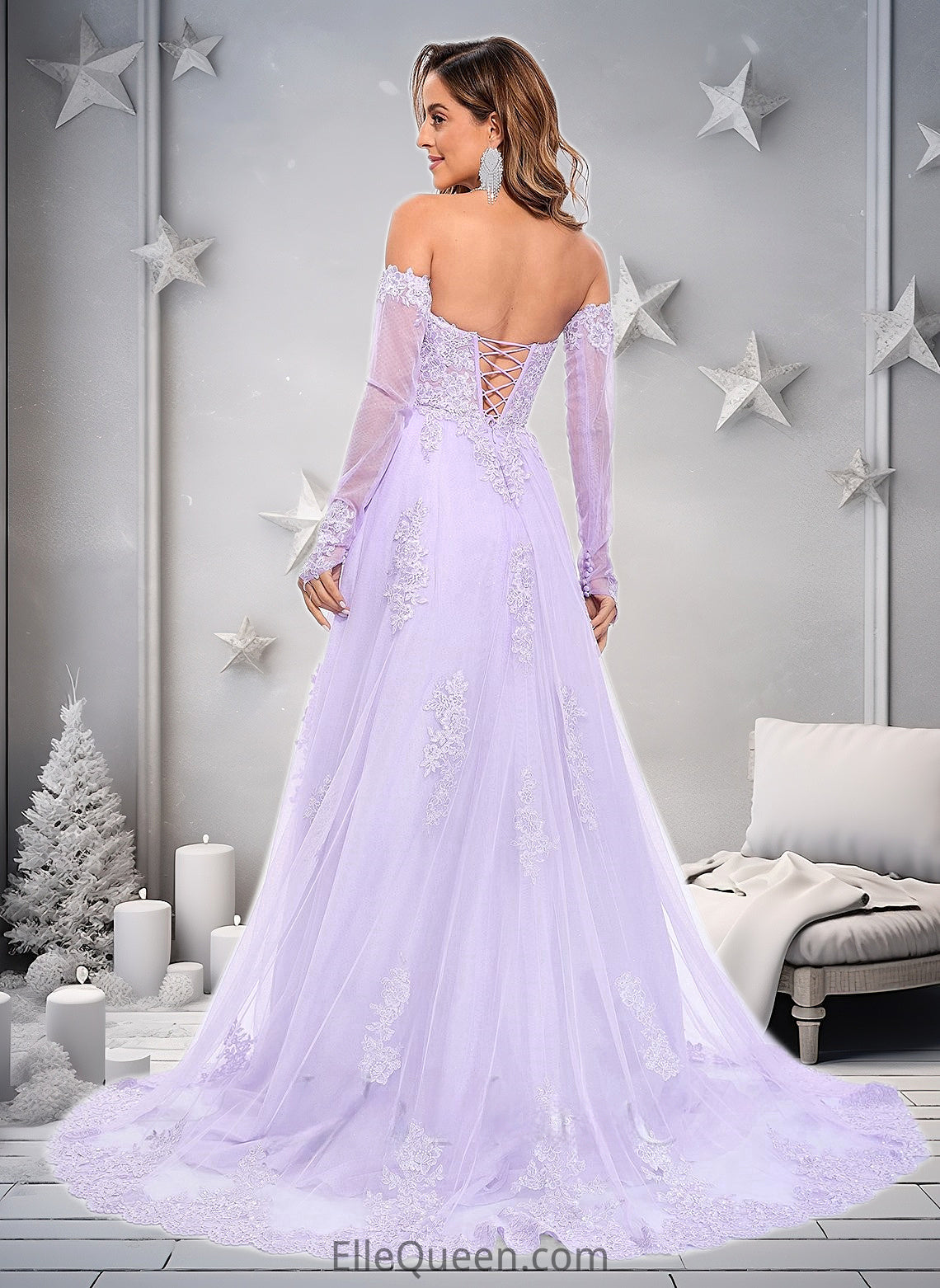 Vivienne A-line Sweetheart Sweep Train Tulle Prom Dresses With Sequins Appliques Lace DGP0025856