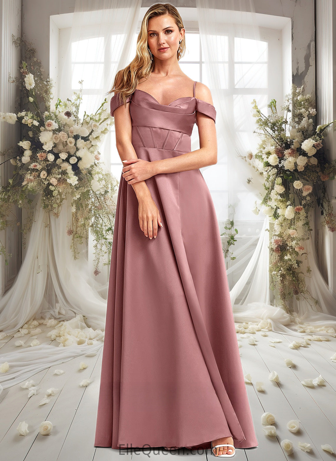 Ansley A-line Cold Shoulder Floor-Length Satin Bridesmaid Dress DGP0025750