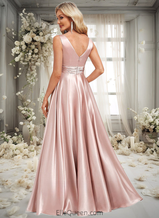 Aliya A-line V-Neck Floor-Length Stretch Satin Bridesmaid Dress DGP0025779