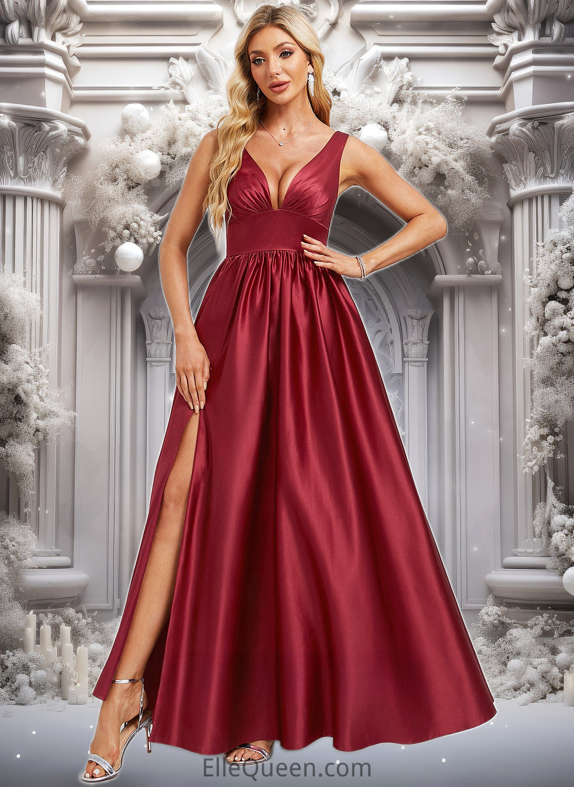 Aleah A-line V-Neck Floor-Length Satin Bridesmaid Dress DGP0025775