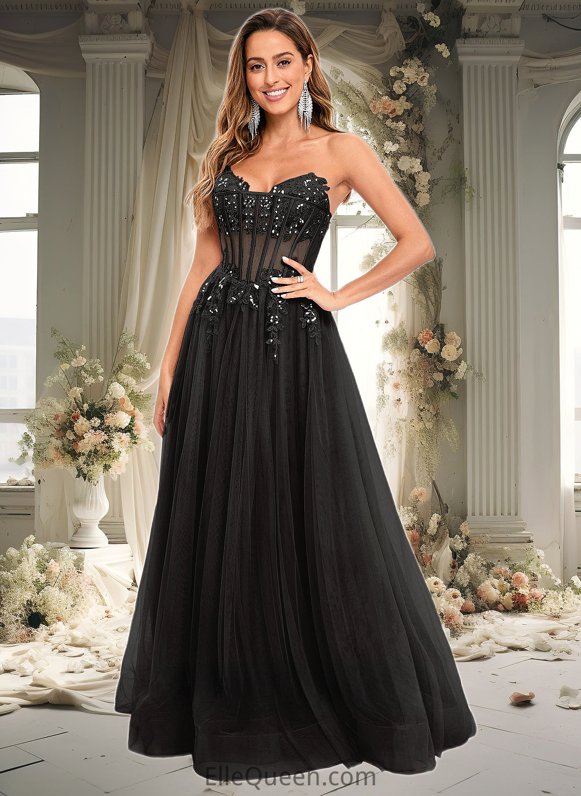 Madelynn Ball-Gown/Princess V-Neck Floor-Length Tulle Prom Dresses With Sequins Appliques Lace DGP0025837