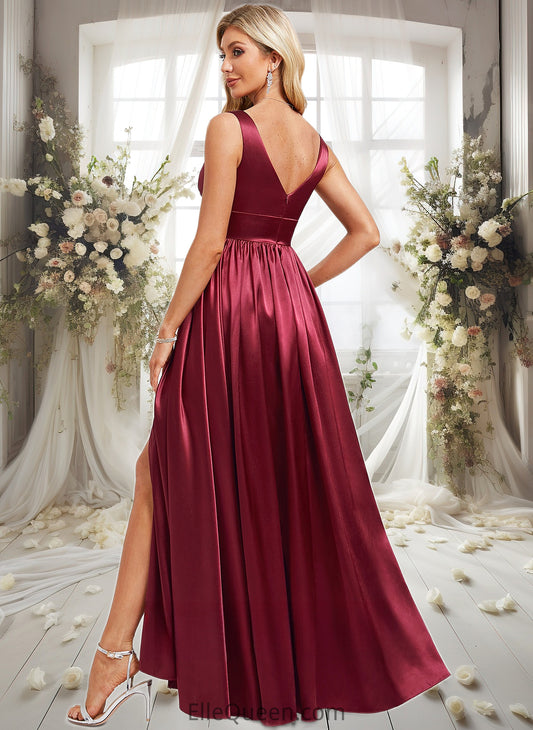 Amara A-line V-Neck Floor-Length Stretch Satin Bridesmaid Dress DGP0025771