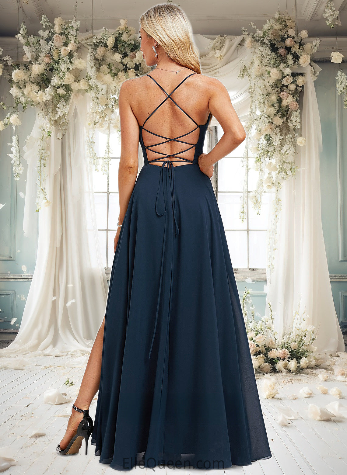 Reagan A-line V-Neck Floor-Length Chiffon Prom Dresses With Pleated DGP0025830