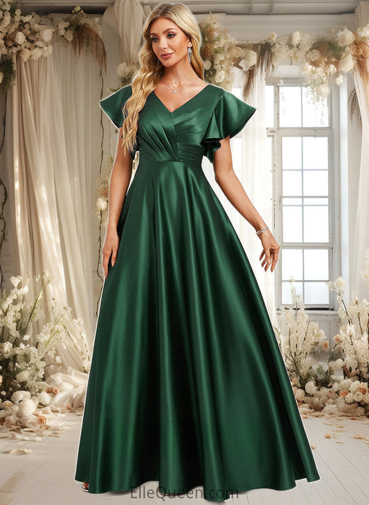 Frida A-line V-Neck Floor-Length Satin Bridesmaid Dress With Ruffle DGP0025777