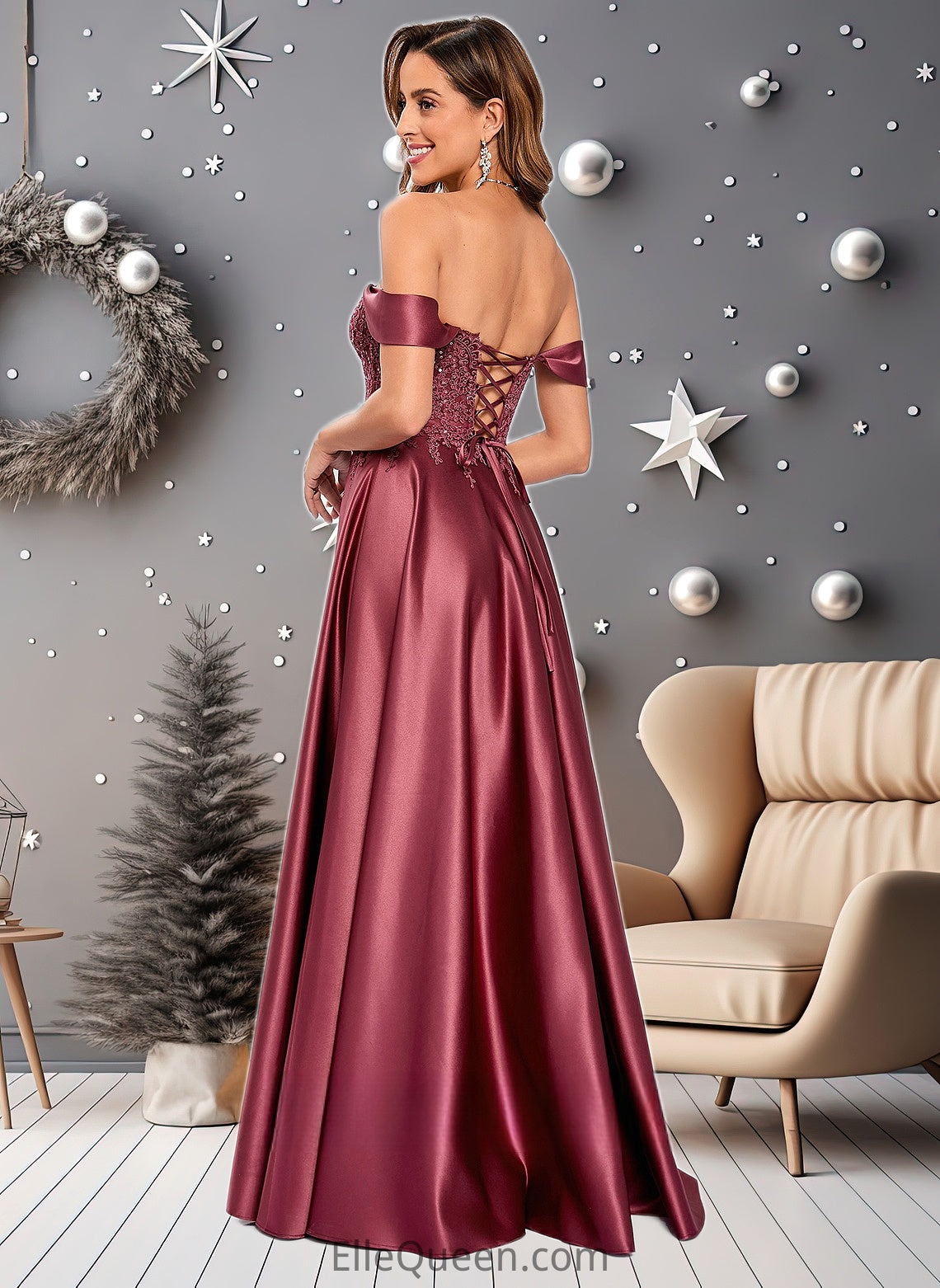 Jazmyn A-line Off the Shoulder Floor-Length Satin Lace Prom Dresses With Sequins DGP0025841