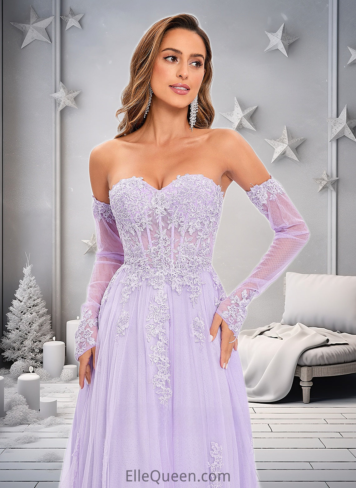 Vivienne A-line Sweetheart Sweep Train Tulle Prom Dresses With Sequins Appliques Lace DGP0025856