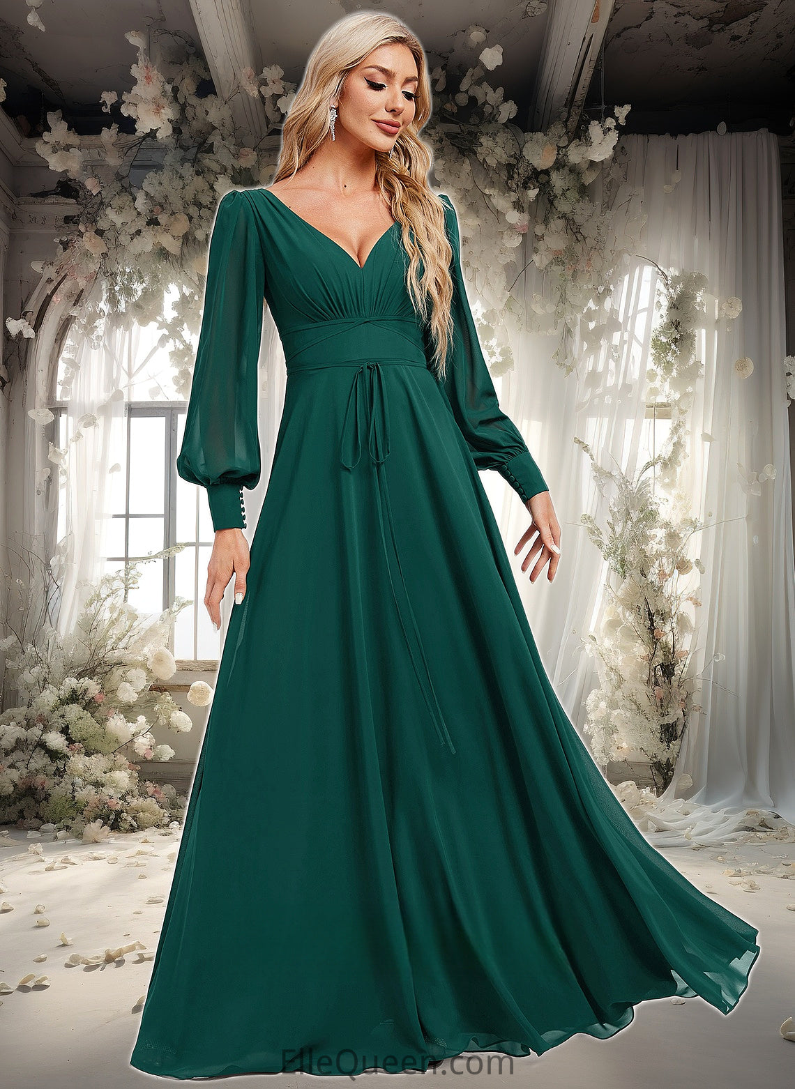 Toni A-line V-Neck Floor-Length Chiffon Bridesmaid Dress DGP0025816