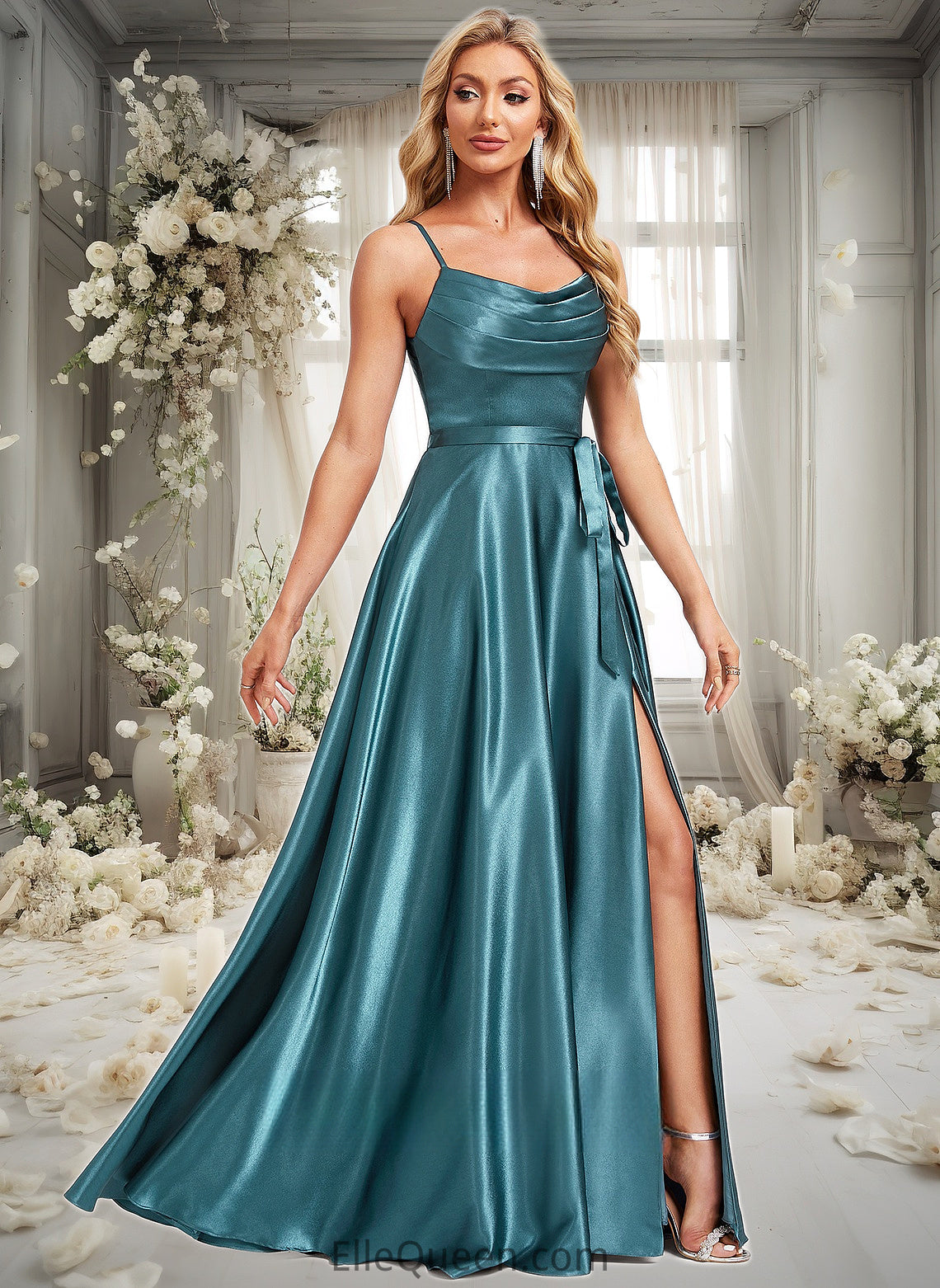 Lainey A-line Cowl Floor-Length Stretch Satin Bridesmaid Dress With Ruffle DGP0025781