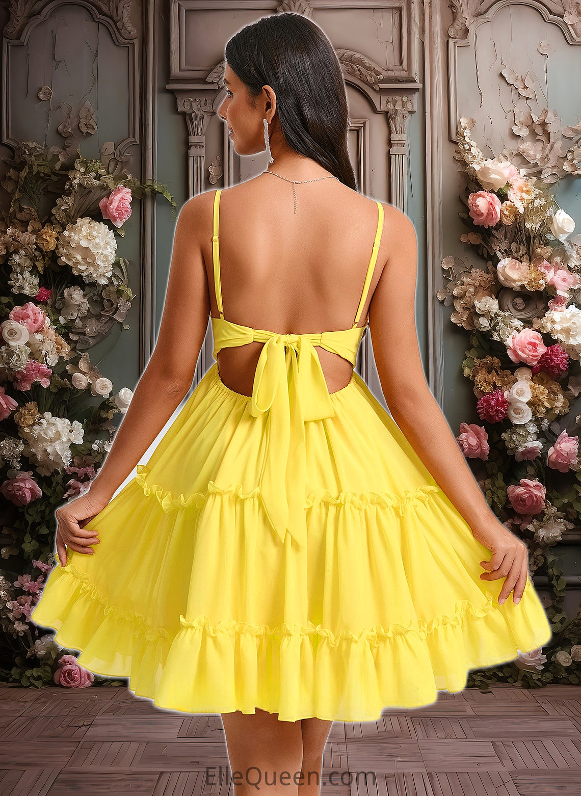 Deja A-line V-Neck Short Chiffon Homecoming Dress With Ruffle Sequins DGP0025700