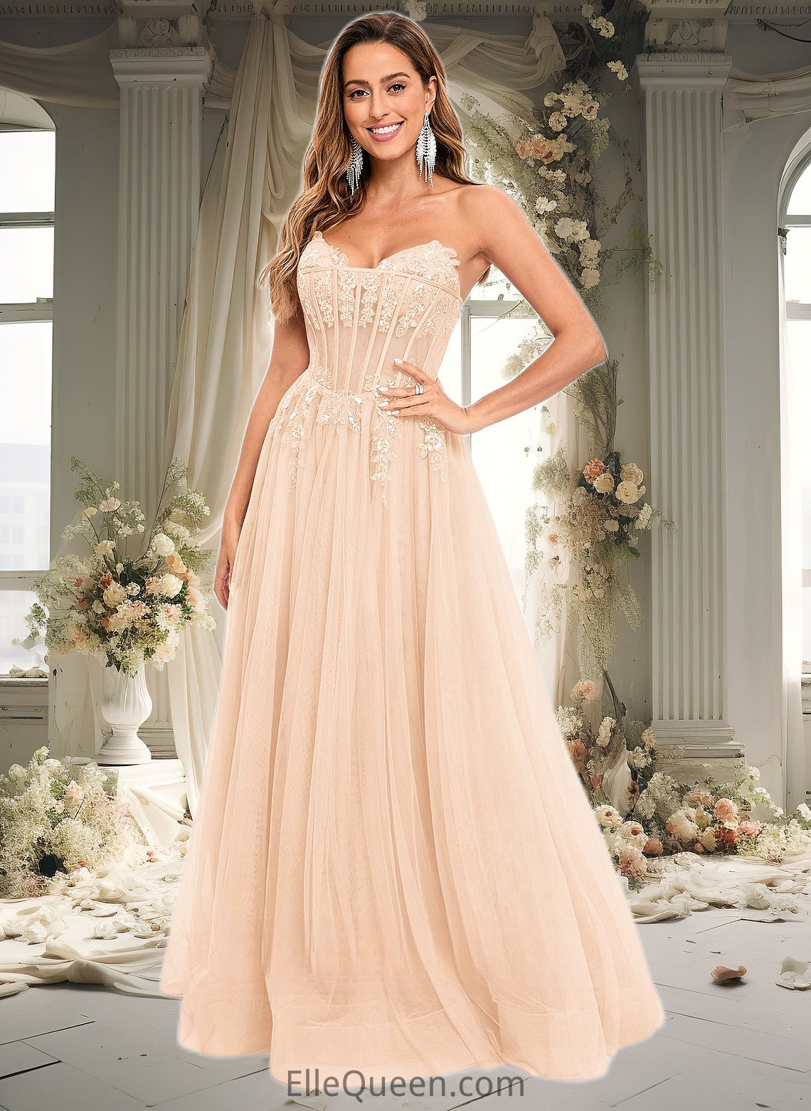 Madelynn Ball-Gown/Princess V-Neck Floor-Length Tulle Prom Dresses With Sequins Appliques Lace DGP0025837