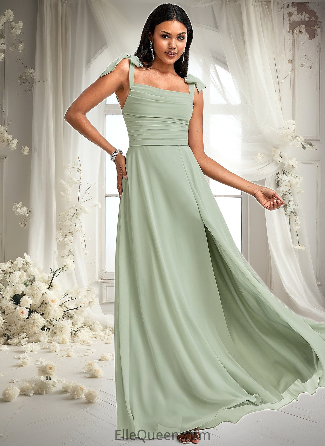 Carina A-line Cowl Floor-Length Chiffon Bridesmaid Dress With Bow DGP0025738