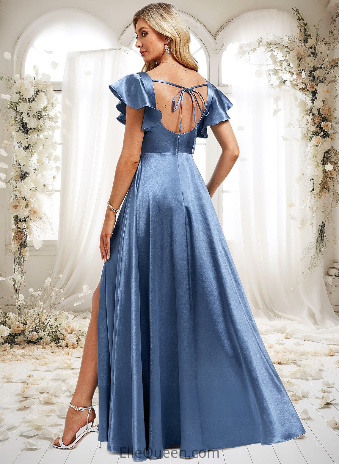 Melody A-line Square Floor-Length Stretch Satin Bridesmaid Dress With Ruffle DGP0025769