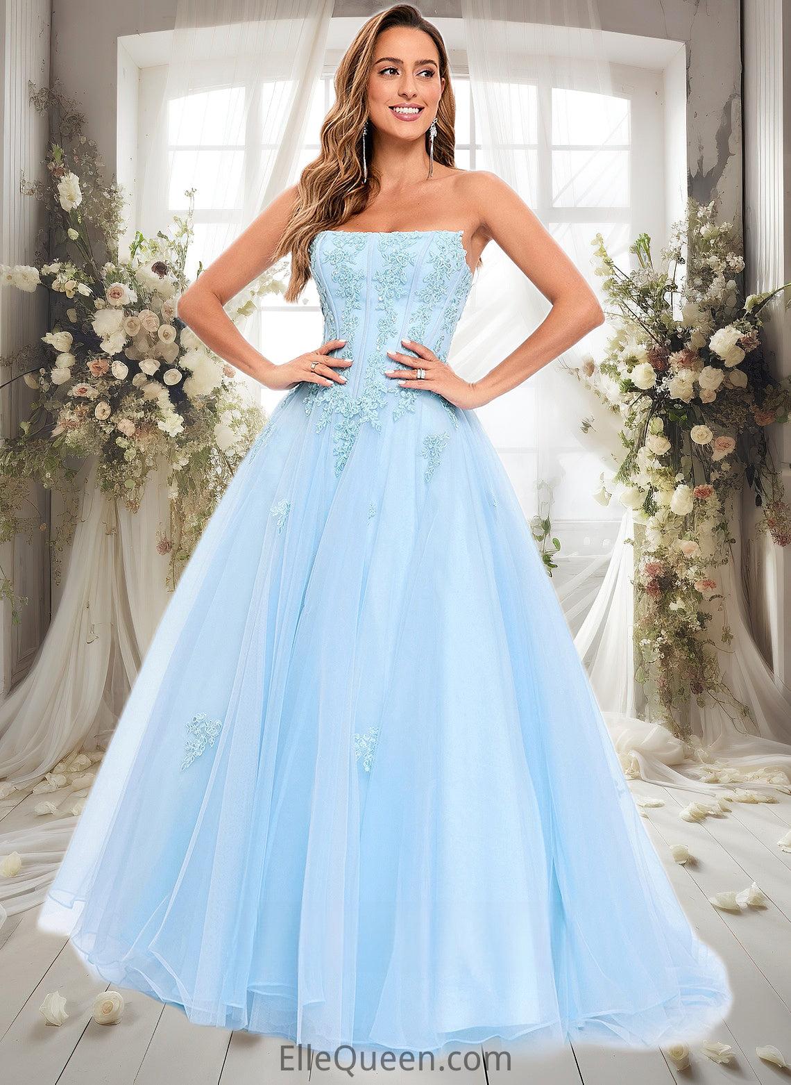 Brianna Ball-Gown/Princess Straight Sweep Train Tulle Prom Dresses With Sequins Appliques Lace DGP0025864