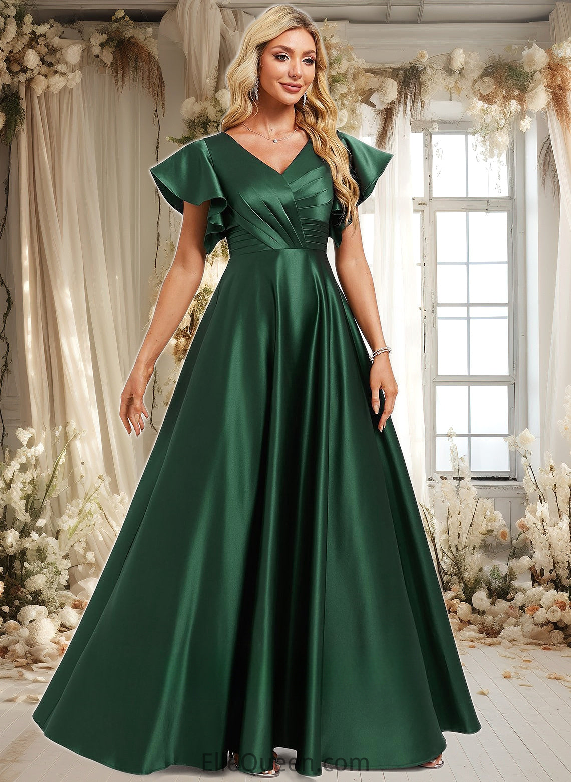 Frida A-line V-Neck Floor-Length Satin Bridesmaid Dress With Ruffle DGP0025777