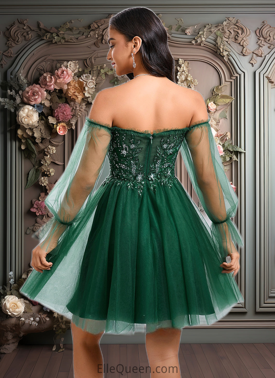 Tianna A-line Off the Shoulder Short Tulle Homecoming Dress With Sequins Appliques Lace DGP0025663