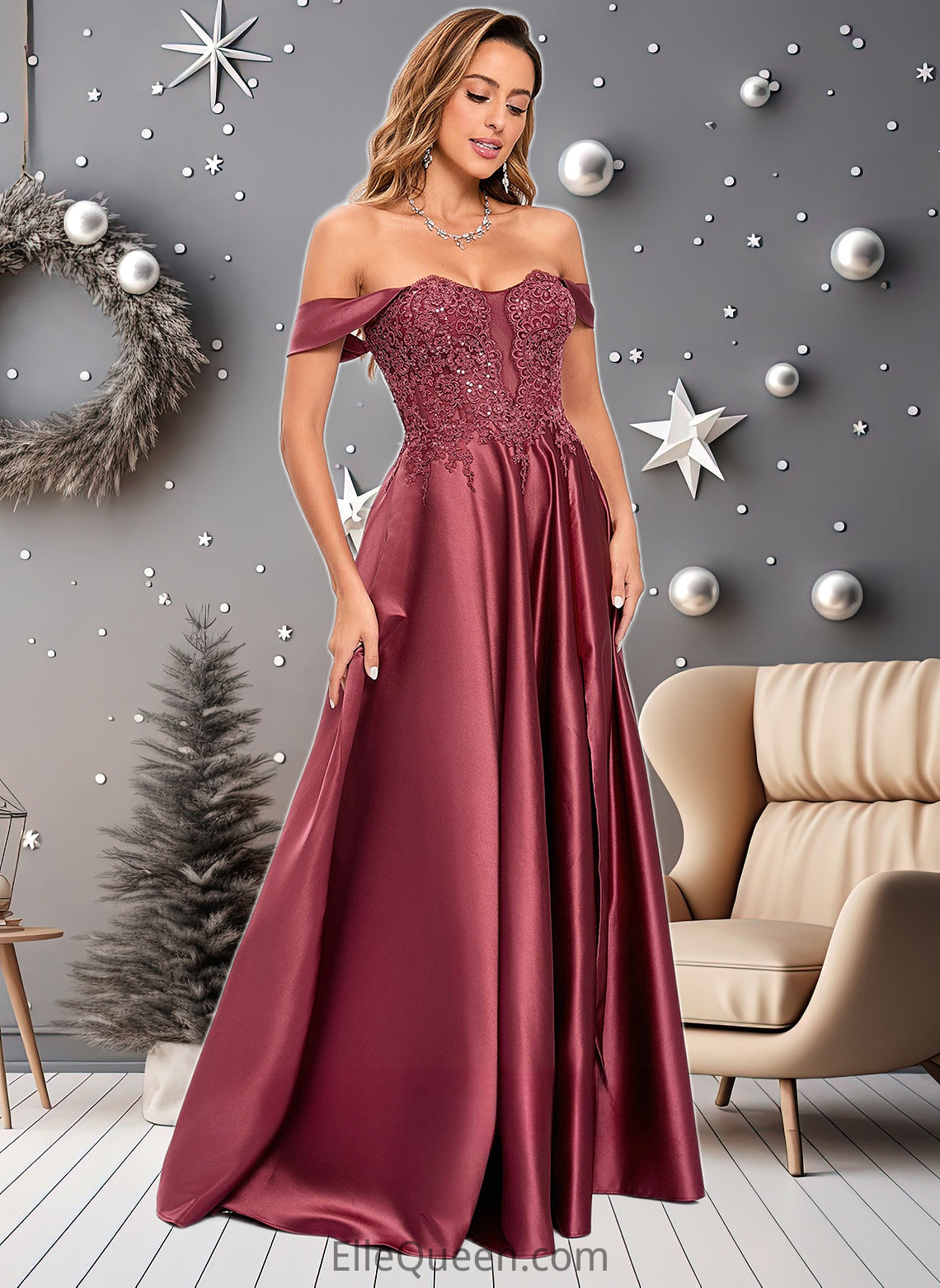 Jazmyn A-line Off the Shoulder Floor-Length Satin Lace Prom Dresses With Sequins DGP0025841