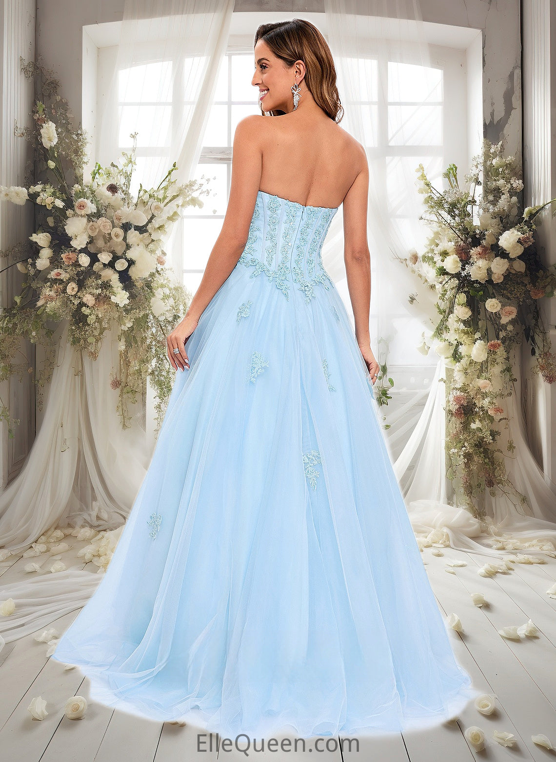 Brianna Ball-Gown/Princess Straight Sweep Train Tulle Prom Dresses With Sequins Appliques Lace DGP0025864