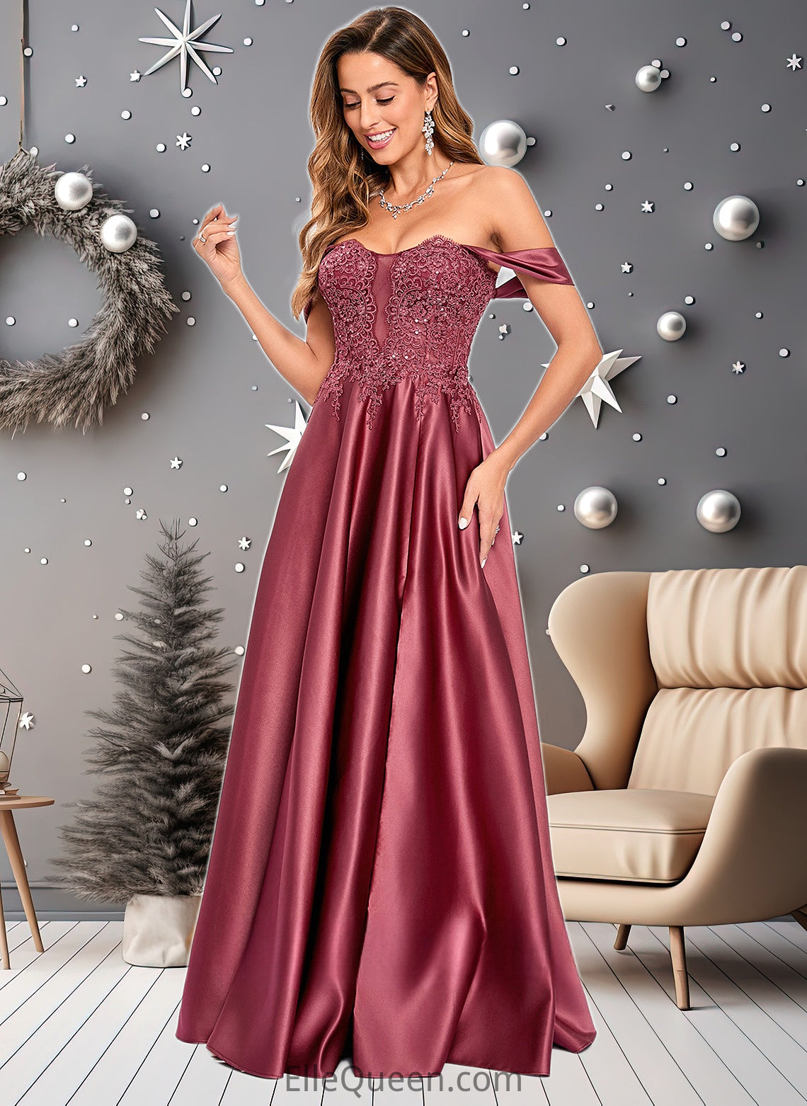 Jazmyn A-line Off the Shoulder Floor-Length Satin Lace Prom Dresses With Sequins DGP0025841