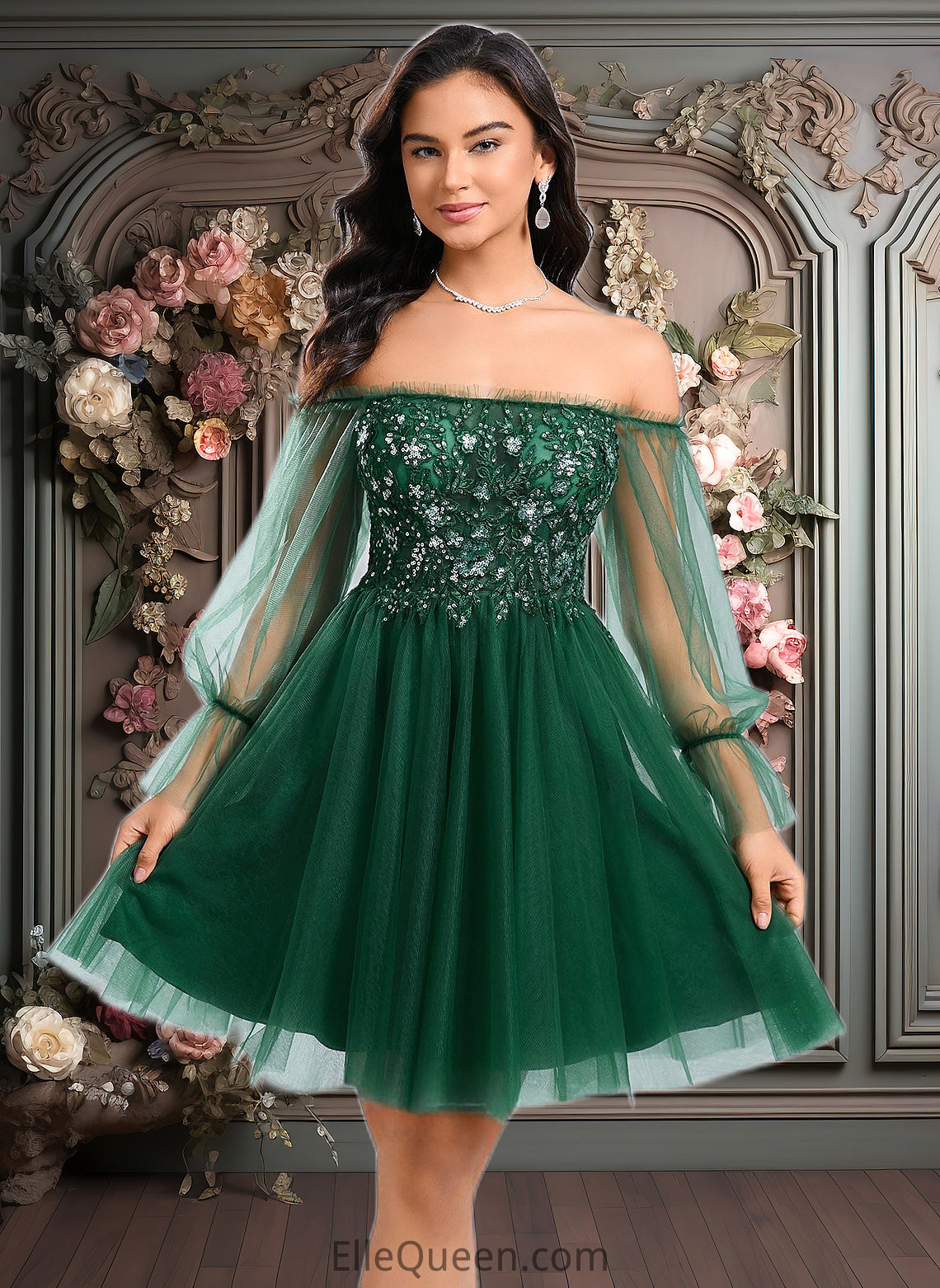 Tianna A-line Off the Shoulder Short Tulle Homecoming Dress With Sequins Appliques Lace DGP0025663