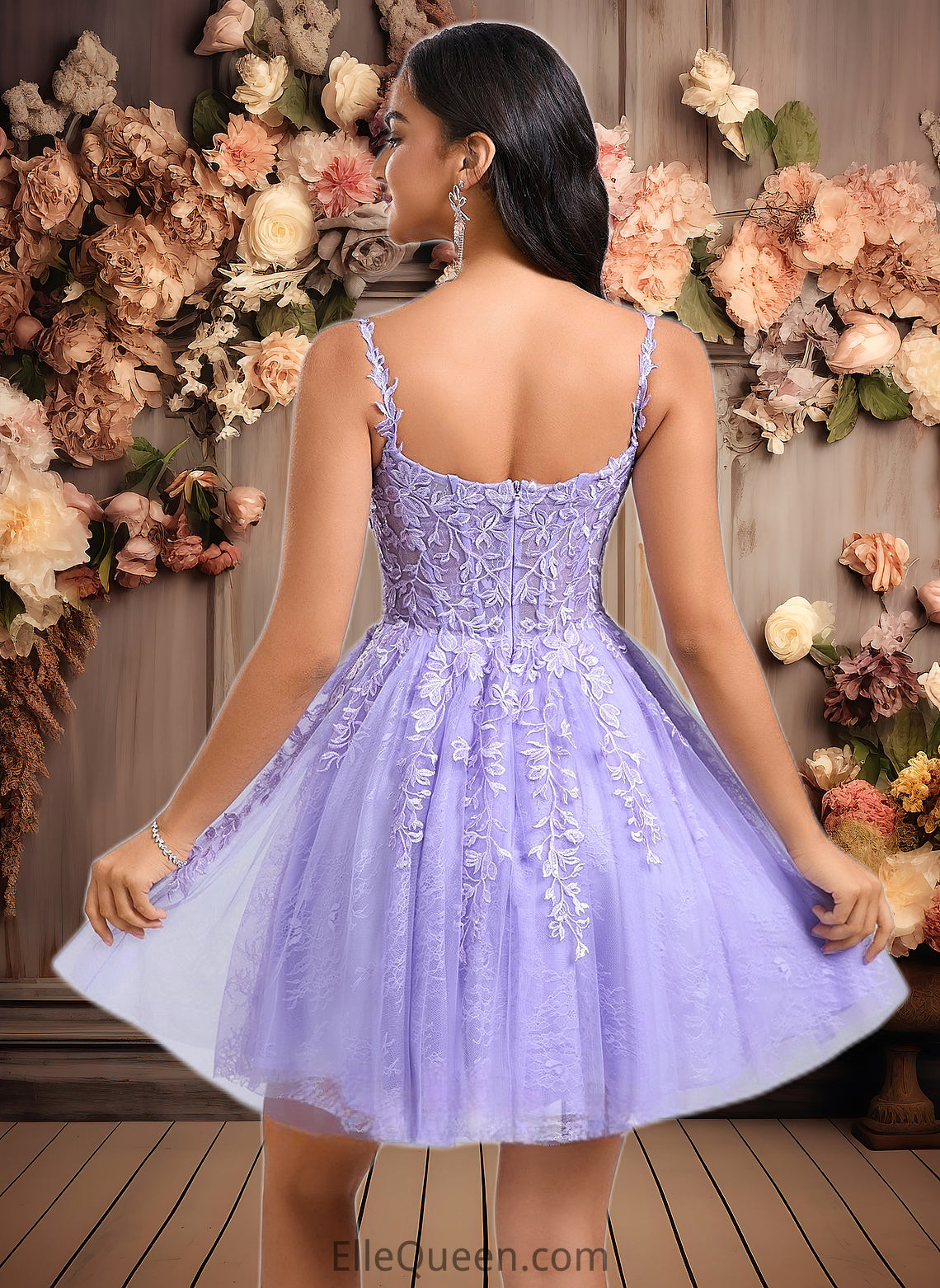 India A-line V-Neck Short Tulle Lace Homecoming Dress DGP0025640