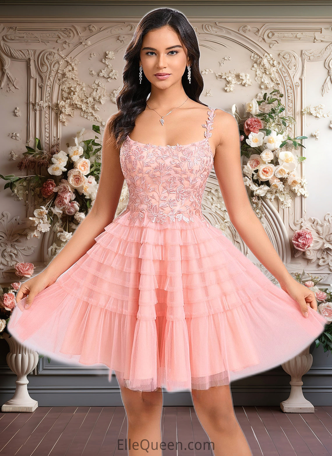 Moriah Ball-Gown/Princess Scoop Short Tulle Lace Homecoming Dress With Ruffle DGP0025676