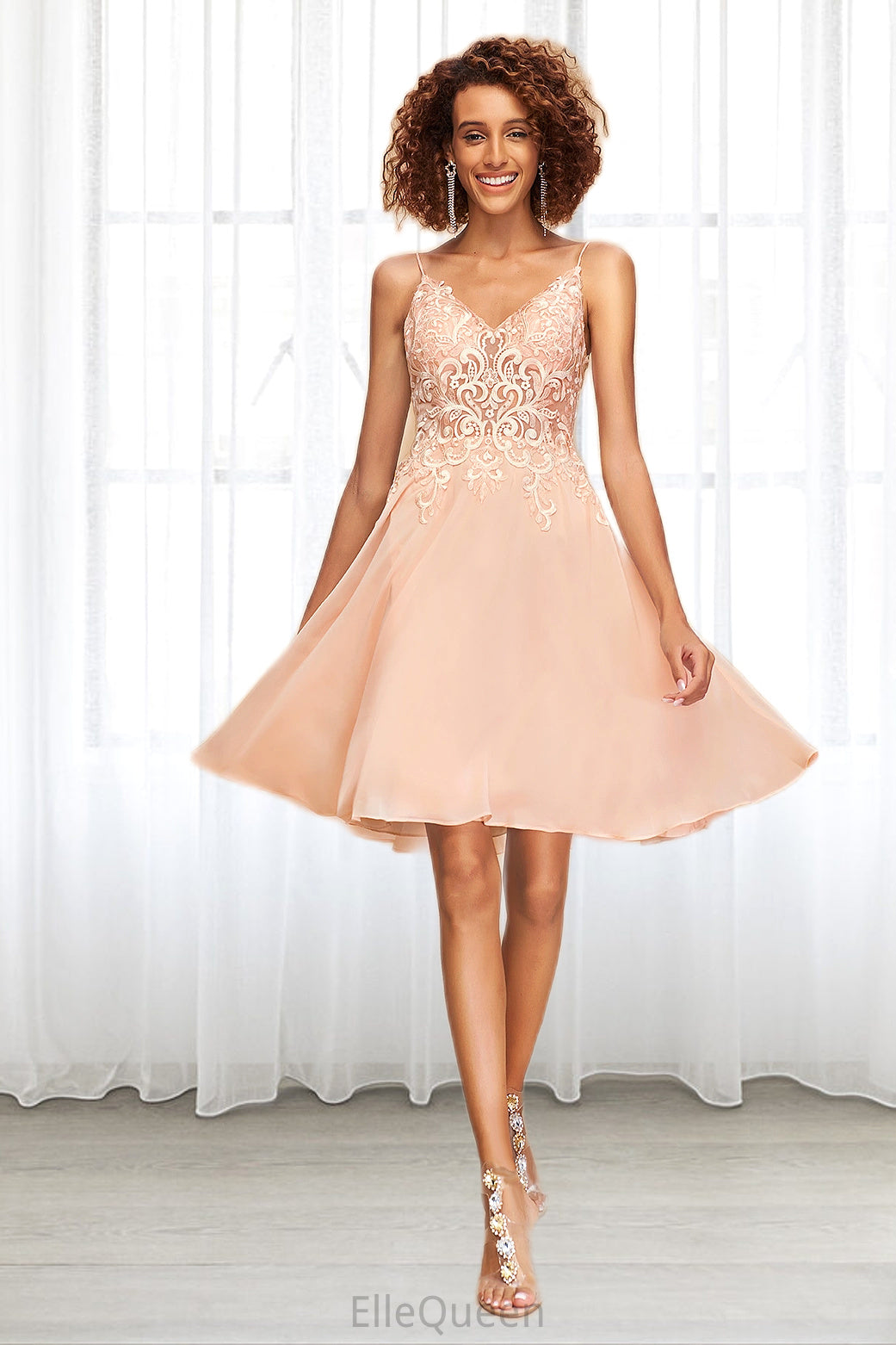 Brynlee A-line V-Neck Knee-Length Chiffon Lace Homecoming Dress DGP0020527