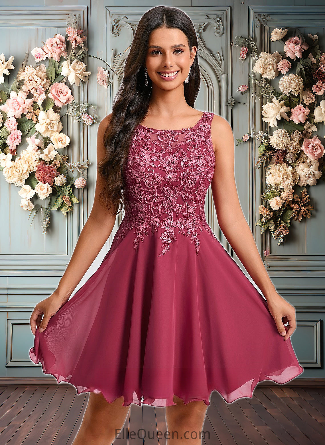 Samantha A-line Scoop Short Chiffon Homecoming Dress With Sequins Appliques Lace DGP0025681